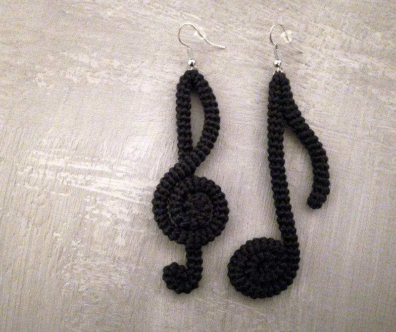 Music Note Earrings Black Crochet Tube Music Party Jewelry Musician Gift