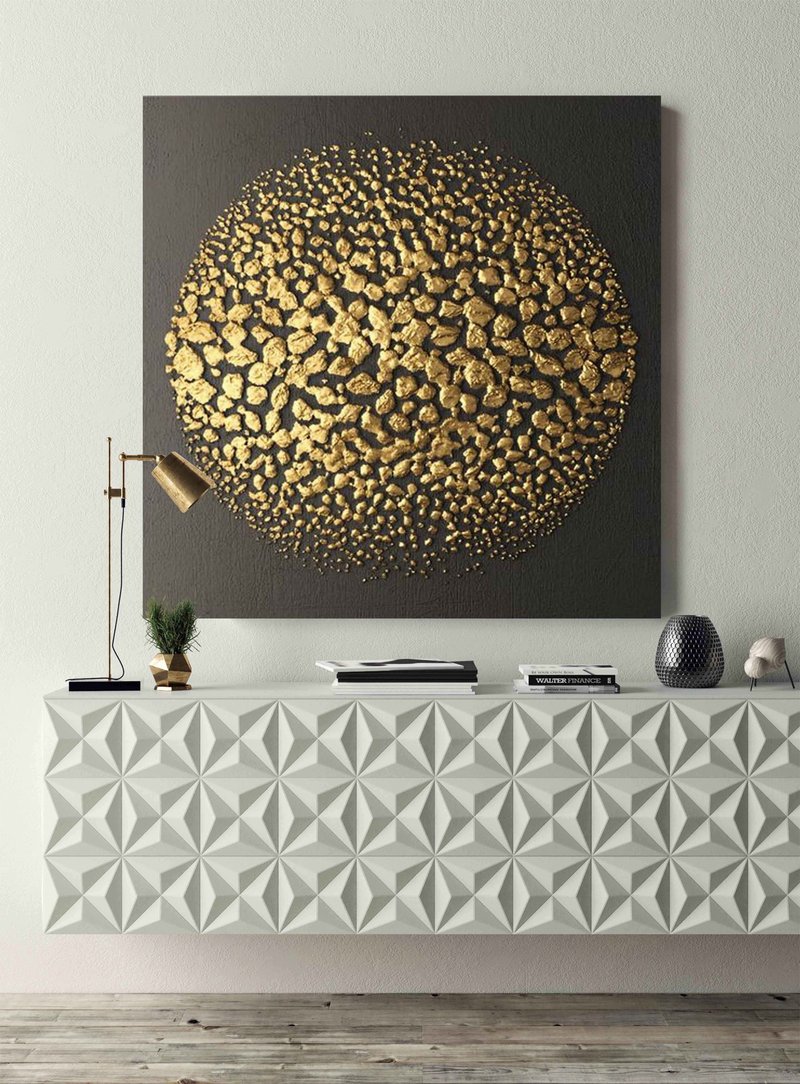 Black Gold Painting |  Black Gold Abstract | Black Gold Art | Golden Circle - 壁貼/牆壁裝飾 - 棉.麻 金色