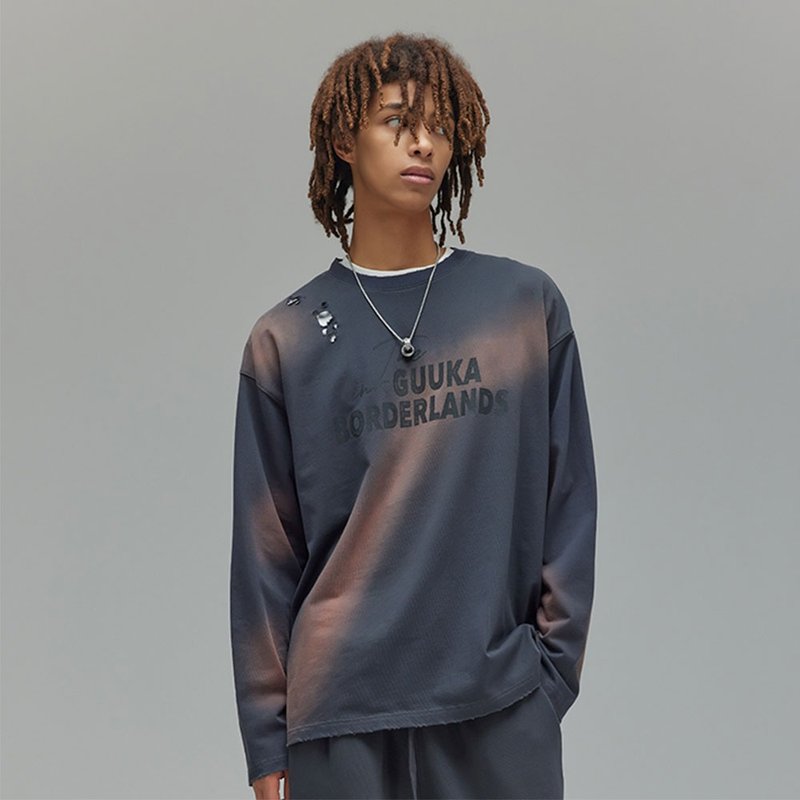 男士複古褪色上衣  破洞紮染長袖T恤 - 男 T 恤 - 棉.麻 灰色