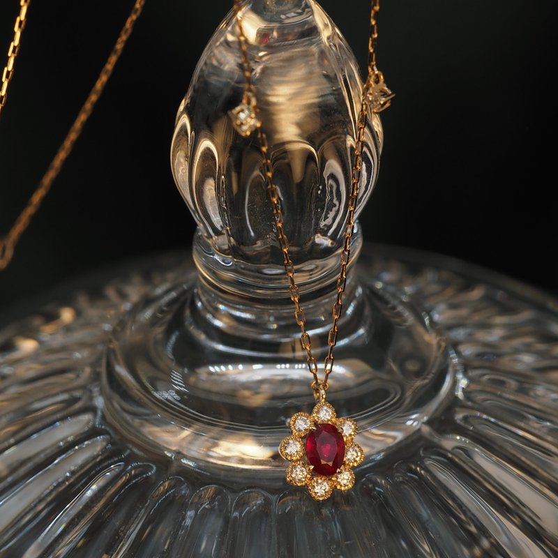 18K金花卉紅寶石鑽石吊墜項鏈18K GoldFloral Ruby Diamond Charm - 項鍊 - 貴金屬