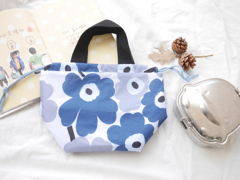 防水手提便當袋 束口袋 小學生便當袋  藍灰花朵款 - 手提包/手提袋 - 棉.麻 藍色