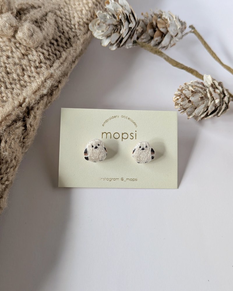 シマエナガ 刺繍ピアス/イヤリング - 耳環/耳夾/耳骨夾 - 繡線 白色