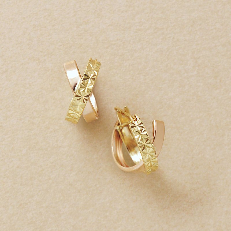 18K/10K 花朵切割十字圈耳環 (黃金/玫瑰金) - 耳環/耳夾/耳骨夾 - 貴金屬
