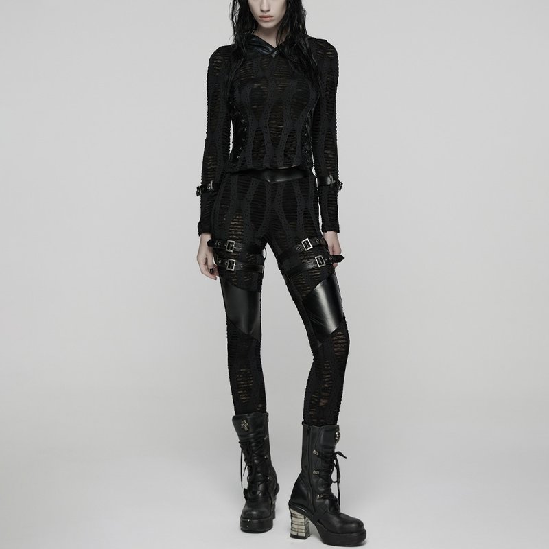 龐克平原巫師做舊日字扣緊身褲 - 女長褲 - 其他材質 黑色