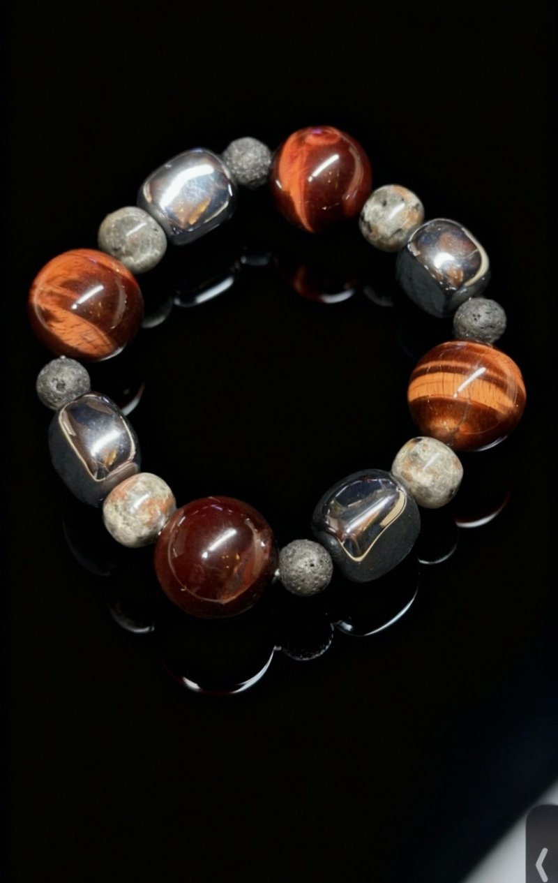 Crystal.EAA 設計款水晶手鏈 褐銀礦岩 野性之環 紅虎眼 火焰石 - 手鍊/手環 - 玉石 紅色