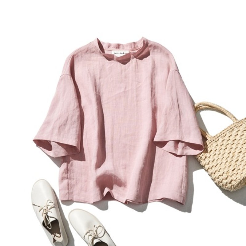 リネン100 ドロップスリーブ七分袖ブラウスゆったり ピンク 190702-5 - 女上衣/長袖上衣 - 棉.麻