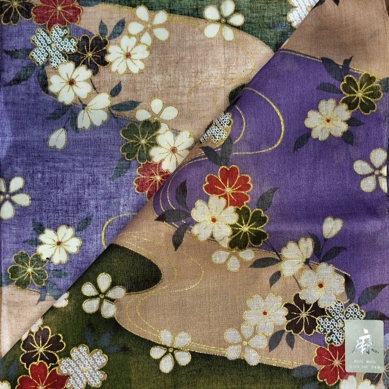 Vintage Japanese Cotton Handkerchief – Sakura & Flowing Stream 22 x 21 inches - 手帕 - 棉.麻 卡其色