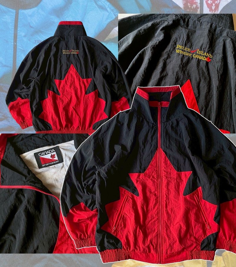 --兩光師古著--加拿大楓葉黑紅拼接防風外套 - 男夾克/外套 - 其他材質 紅色