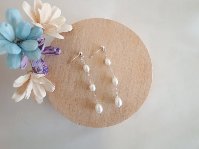 【耳環】925 純銀  垂吊耳環 珍珠耳環 夾式耳環 - 耳環/耳夾/耳骨夾 - 純銀 白色