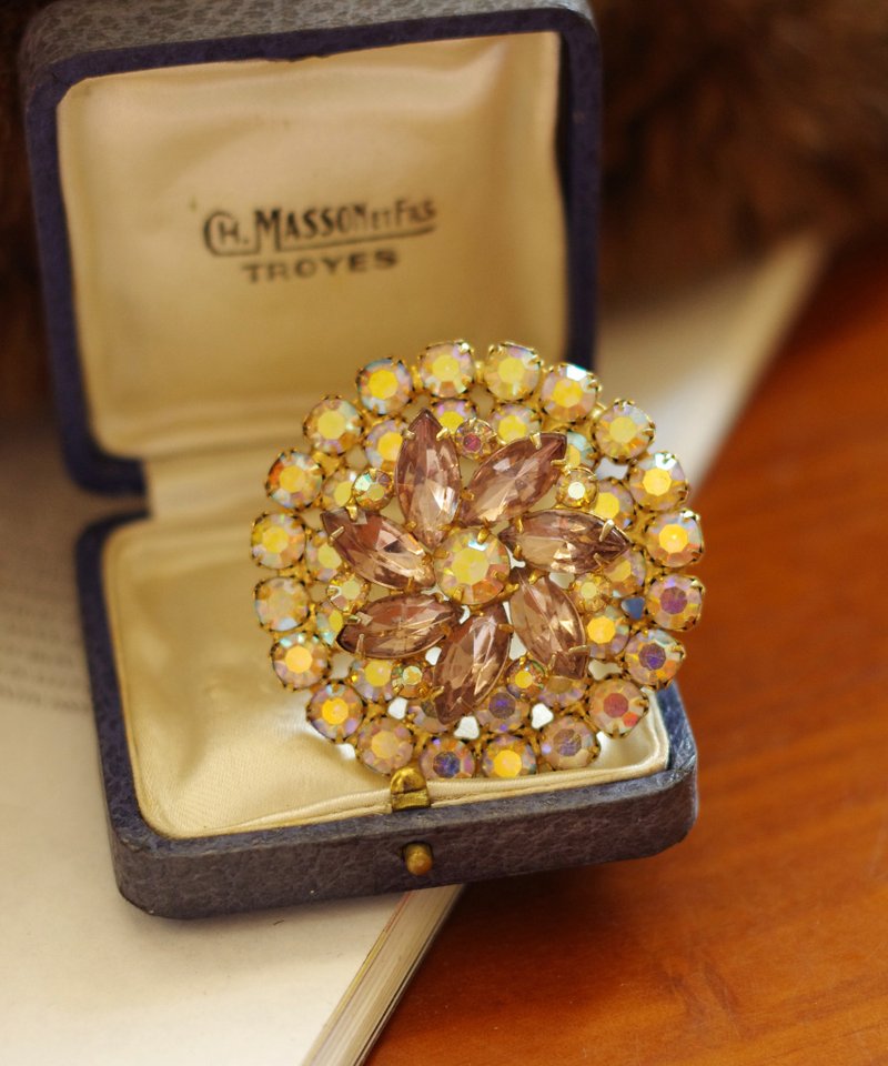 老又好古董珠寶  圓形雪花馬眼北極萊茵石別針胸針 b659 - 胸針 - 其他金屬 銀色