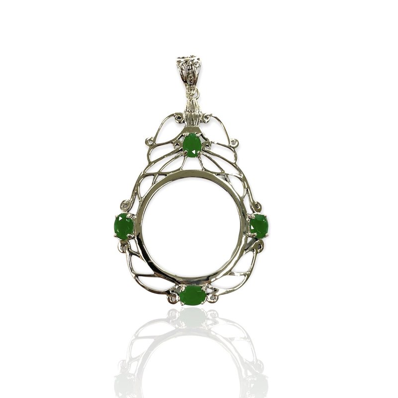 Victorian Style Magnifying Glass Loop Pendant Emerald Stone 925 Sterling Silver - 其他 - 純銀 銀色