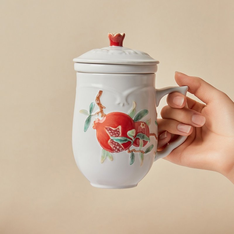 石榴喜果三件杯 / 附茶漏 / 牙白彩釉 430ml - 咖啡杯/馬克杯 - 瓷 白色