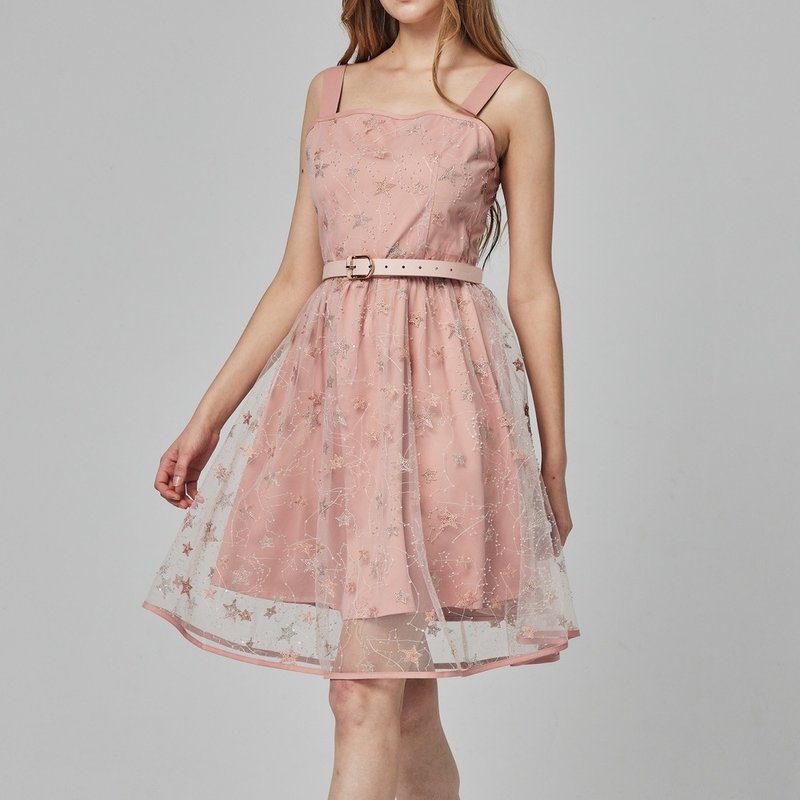 溫柔星空繡花短洋裝   粉 - 洋裝/連身裙 - 聚酯纖維 粉紅色