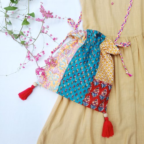 Double sided Flower hand printed Indian cotton shoulder bag