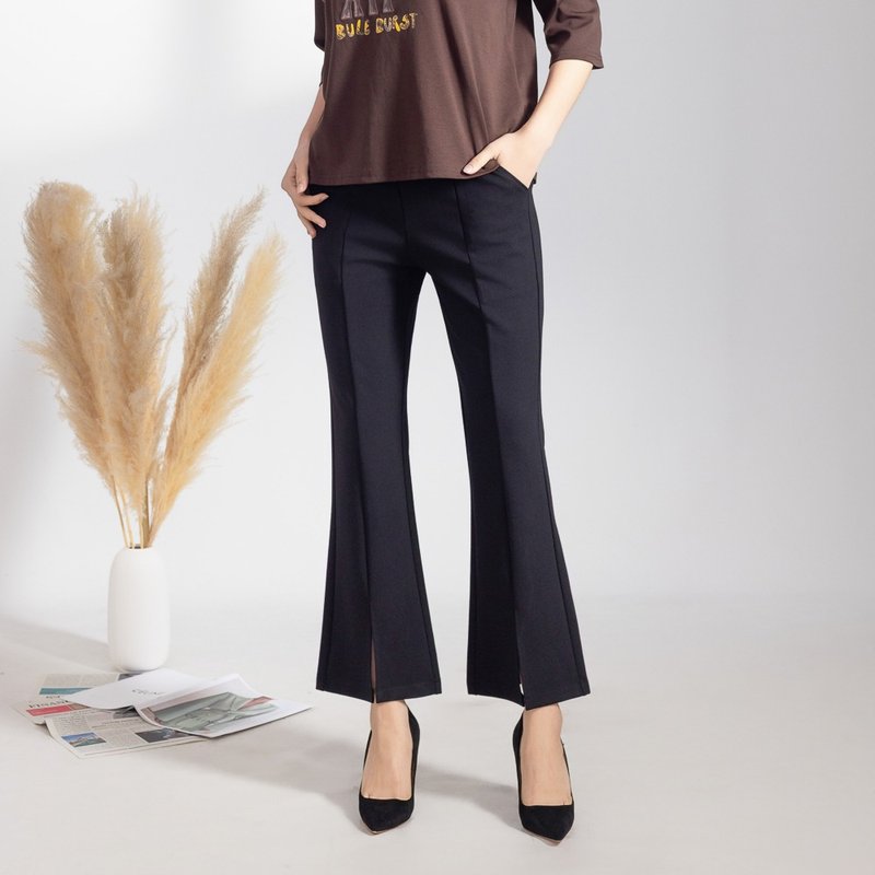 【Icare】小喇叭中線修飾鬆緊西裝褲(M-L) | 女西裝褲 喇叭褲 - 女長褲 - 聚酯纖維 黑色