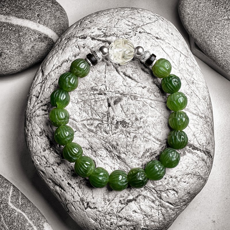 和田碧玉老料蓮花珠 白水晶 椰殼 銀製手串 - 手鍊/手環 - 半寶石