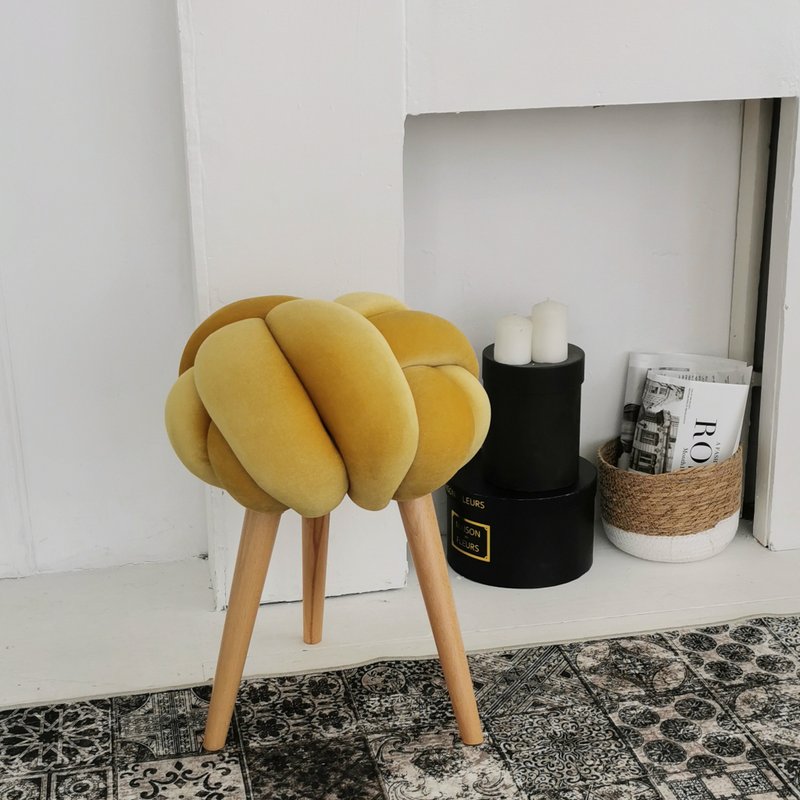 Yellow round stool, Velvet knot stool, Wooden modern furniture