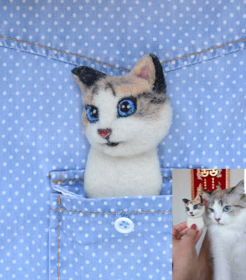 照片中的個性化貓肖像別針 定制寵物複製品毛氈羊毛貓胸針 - 胸針 - 羊毛 白色