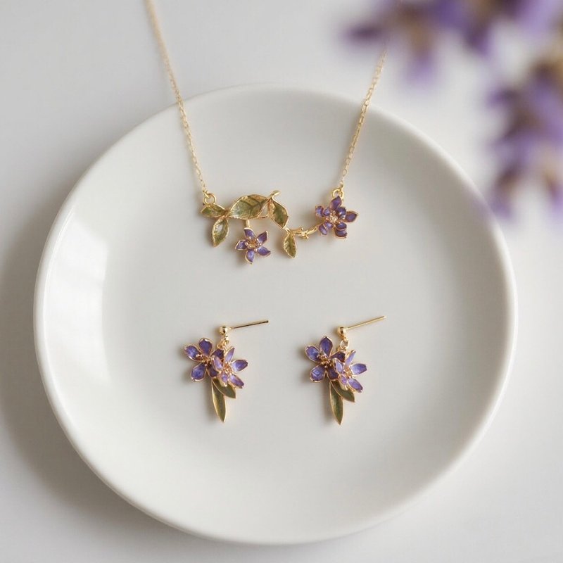 紫蘿枝語 | 18k註金輕奢琺瑯質感小花耳環項鍊 - 耳環/耳夾/耳骨夾 - 貴金屬 紫色