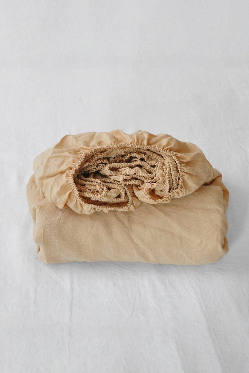 Caramel linen fitted sheet / Softened linen bed sheet / Deep pocket - 寢具/床包 - 亞麻 卡其色