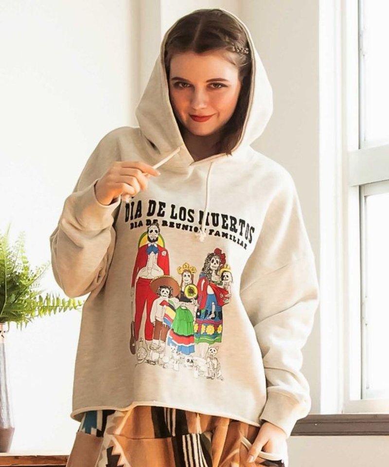 【熱門預購】墨西哥女款印花連帽上衣  (2色) JSU-5309 - 帽T/大學T - 棉.麻