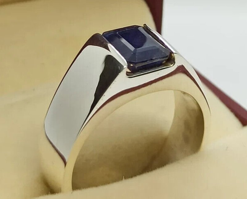 Natural mens Blue Sapphire 4 Carat Emerald Cut Mens Sterling Silver 925 jewelry - 戒指 - 寶石 藍色
