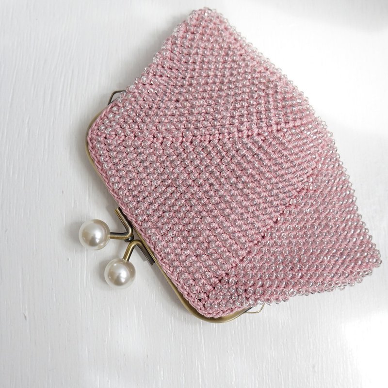 Ba-ba handmade Beads crochet square pouch No.1498 - 錢包/皮夾/長短夾 - 其他材質 粉紅色