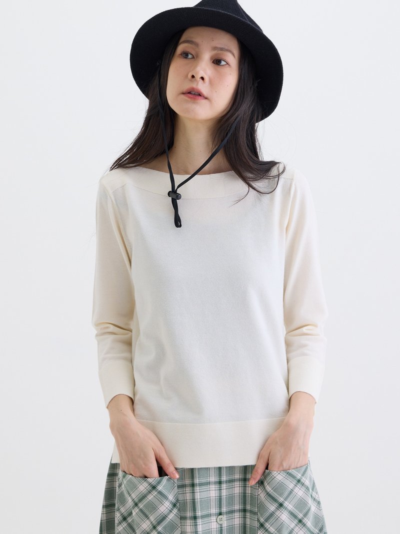 赫本小姐船型領針上衣-桔梗白 - 女上衣/長袖上衣 - 其他人造纖維 白色