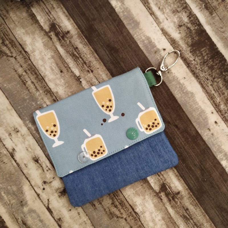 零錢小方包/零錢包/珍珠奶茶/藍綠色 - 零錢包/小錢包 - 棉.麻