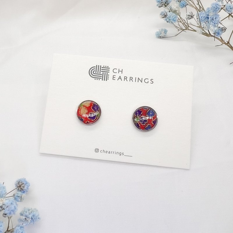 Chearrings | 日本和紙 樹脂 圓形耳釘 - 耳環/耳夾/耳骨夾 - 紙 紅色