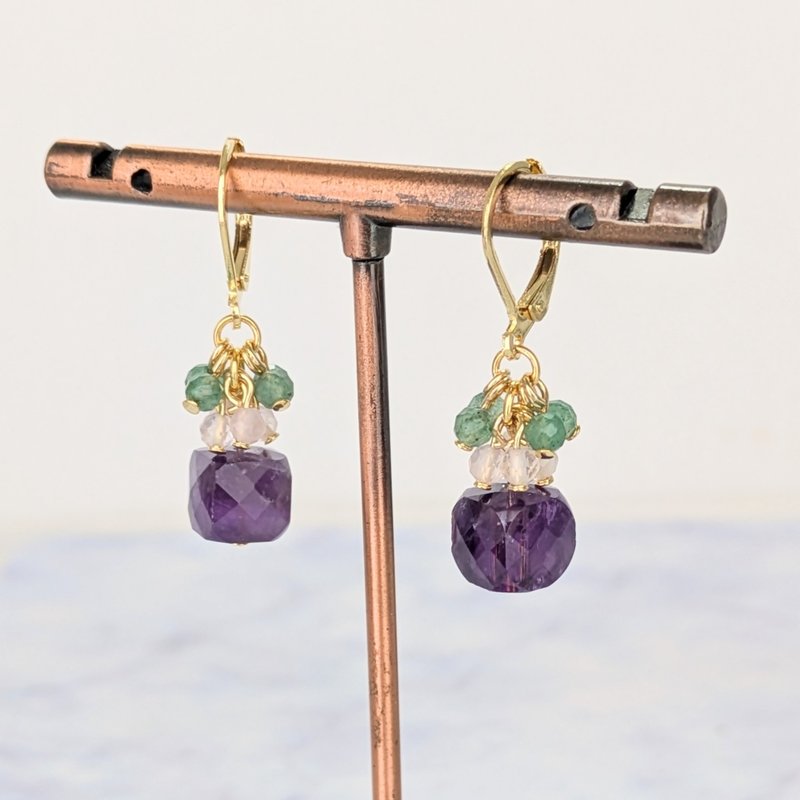 天然寶石耳環 玫瑰石英 紫水晶 東菱玉 - 耳環/耳夾/耳骨夾 - 寶石 紫色