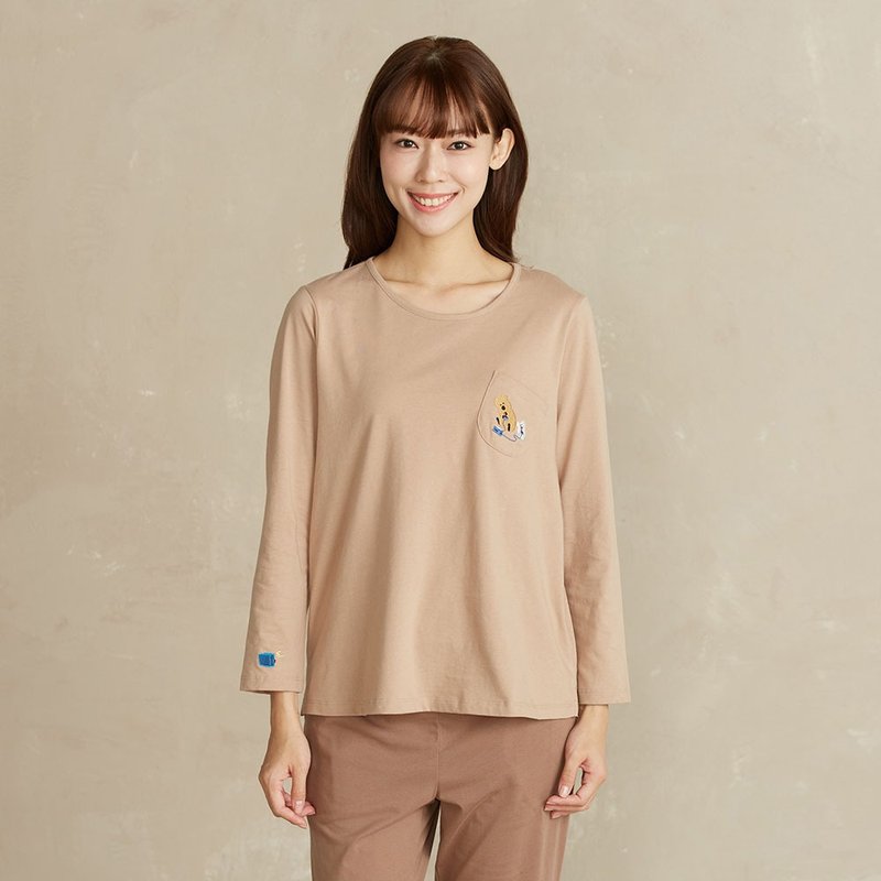 DINOTAENG | 電玩繡花上衣-大地棕 - 女 T 恤 - 棉.麻 咖啡色