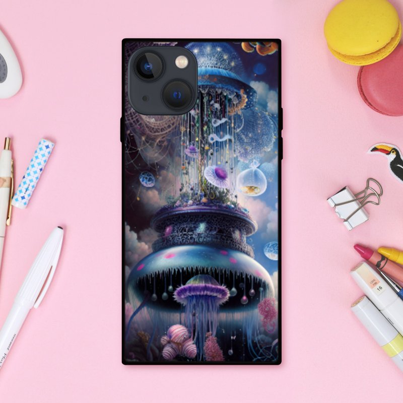 幻想的できらびやかでゆめかわいいクラゲのようなUFO スクエア型スマホケース【強化ガラス仕上げ】iPhone16 対応 - 手機殼/手機套 - 塑膠 多色