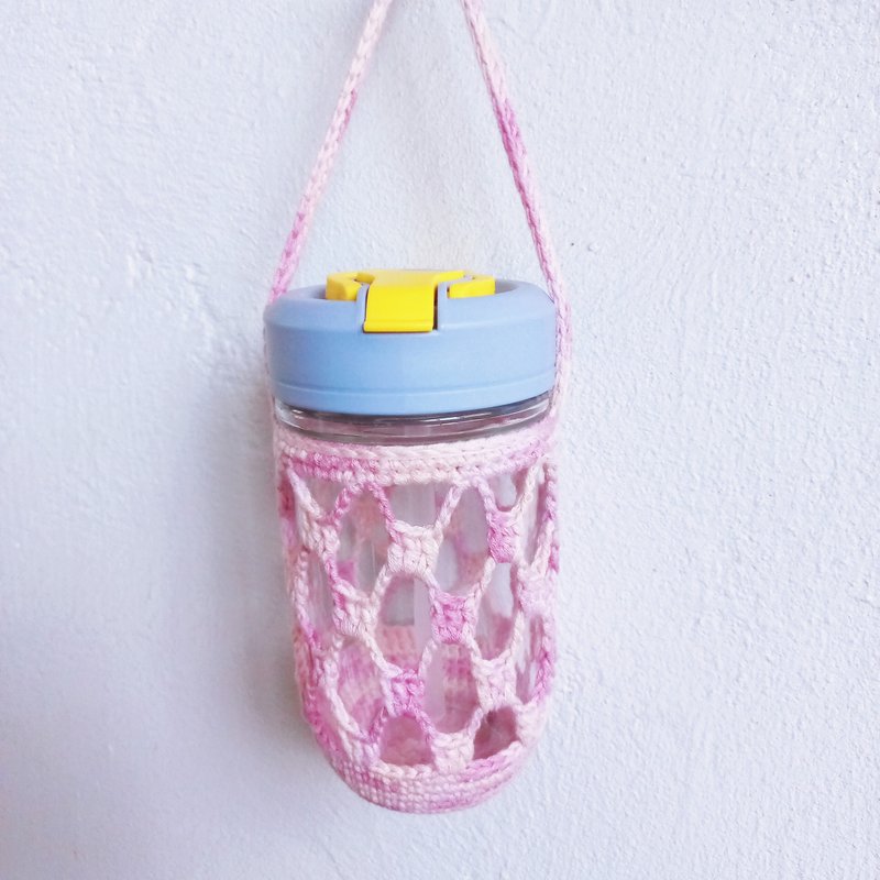 咖啡杯編織杯袋 純棉 杯套 飲料袋 杯袋 水壺袋 - 飲料提袋/杯套 - 棉.麻 粉紅色