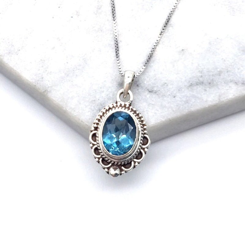 Blue Topaz Exotic Lace Necklace in Sterling Silver Made in Nepal (Model 1)