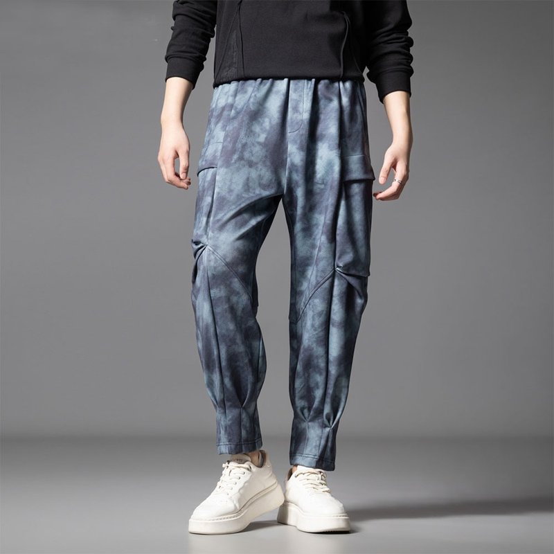 秋季紮染迷彩束腳工裝褲 男士休閑長褲 - 男長褲/休閒褲 - 聚酯纖維 藍色