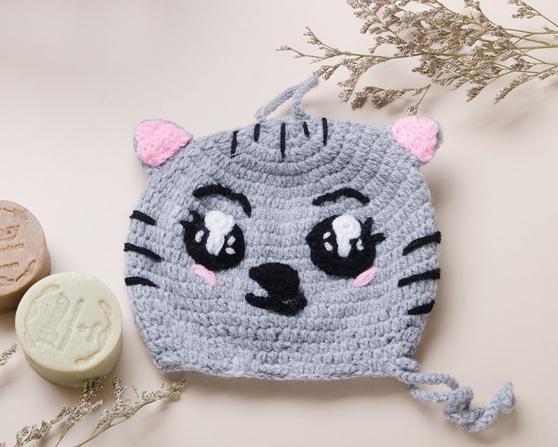 第7隻喵-水汪汪卡通眼喵喵束口袋 - 化妝包/收納袋 - 羊毛 灰色