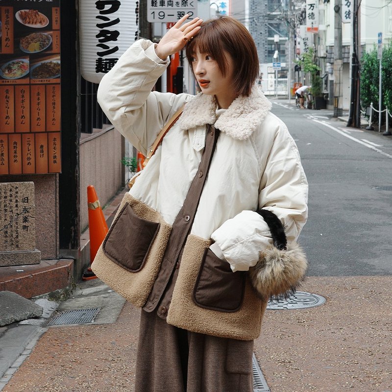 羊羔毛拼接撞色羽絨服|外套|兩色|冬款|Sora-1947 - 女大衣/外套 - 棉.麻 多色