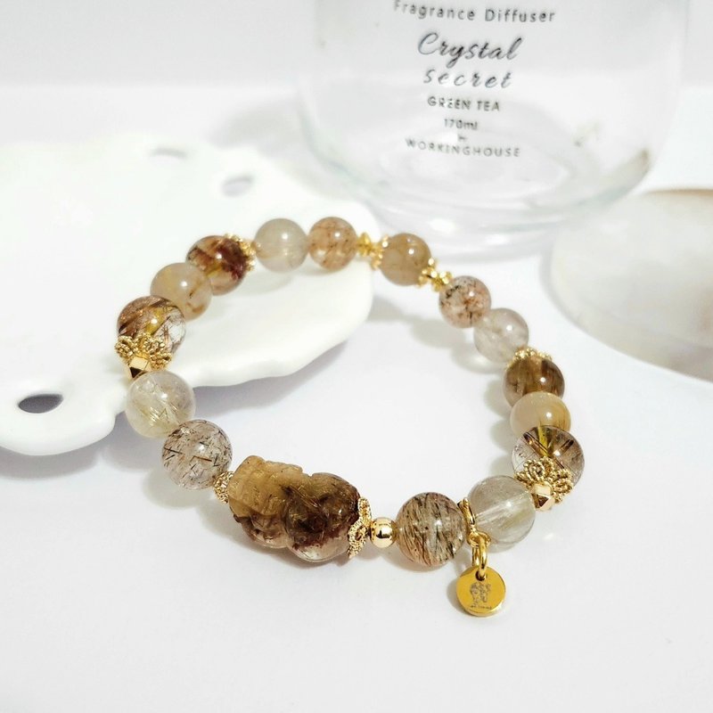 鈦晶帶紅幽靈貔貅設計手鍊/正偏財都招、高度聚財、避邪擋煞之 - 手鍊/手環 - 水晶 金色