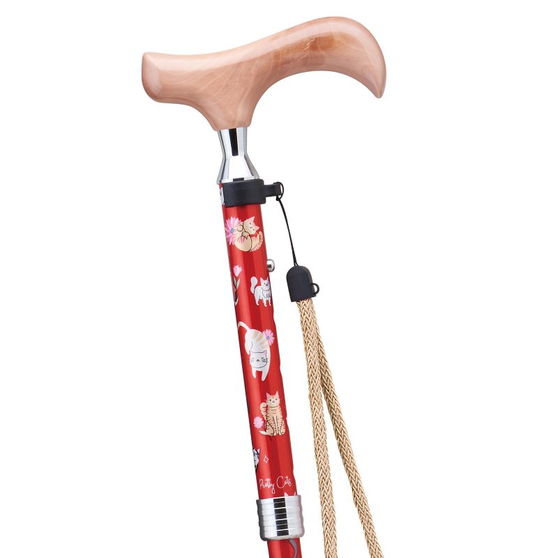 プリティキャッツ 猫柄 折りたたみアルミステッキ・レッド 75-85cm スリムネック 木製グリップ ストラップ 折りたたみホルダー - 其他 - 鋁合金 紅色