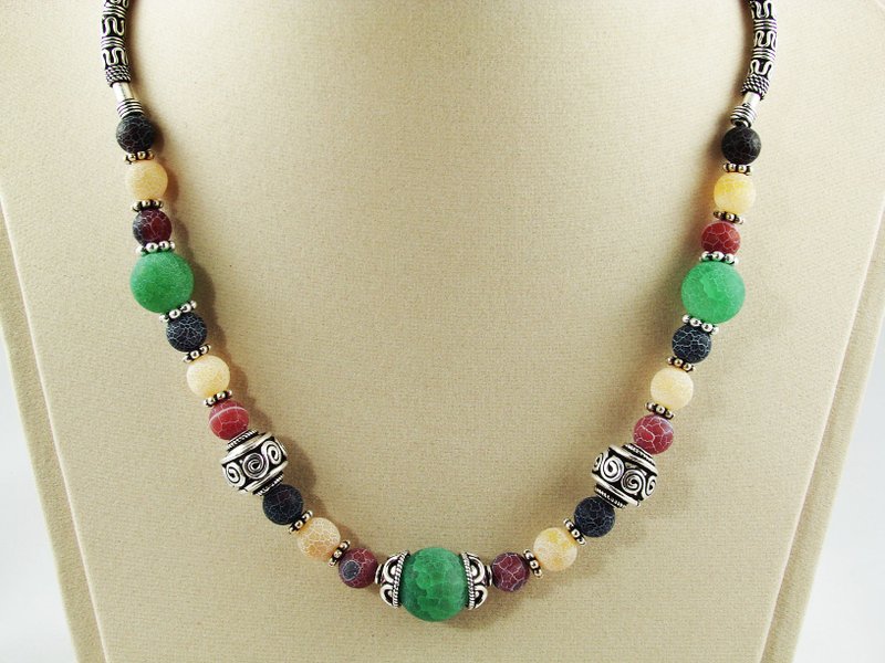 Teal Red Multicolor Crackle Agate Silver Ethnic Oriental Beaded Necklace Jewelry - 項鍊 - 半寶石 多色