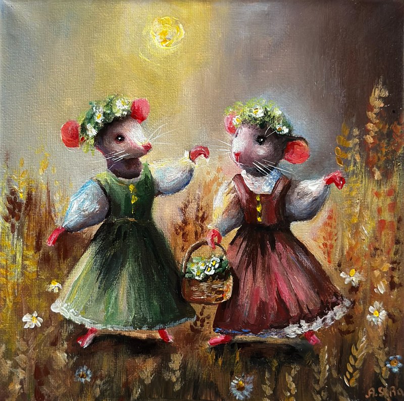 Canvas painting mice in field, Fairy art, Mouse illustration, Woodland animals - 壁貼/牆壁裝飾 - 棉.麻 多色