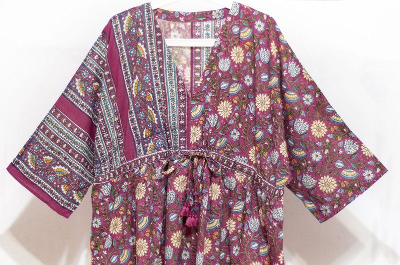 女裝木刻印純棉洋裝 印度棉有機棉連衣裙 手工蓋印連身裙-粉花朵 - 洋裝/連身裙 - 棉.麻 藍色