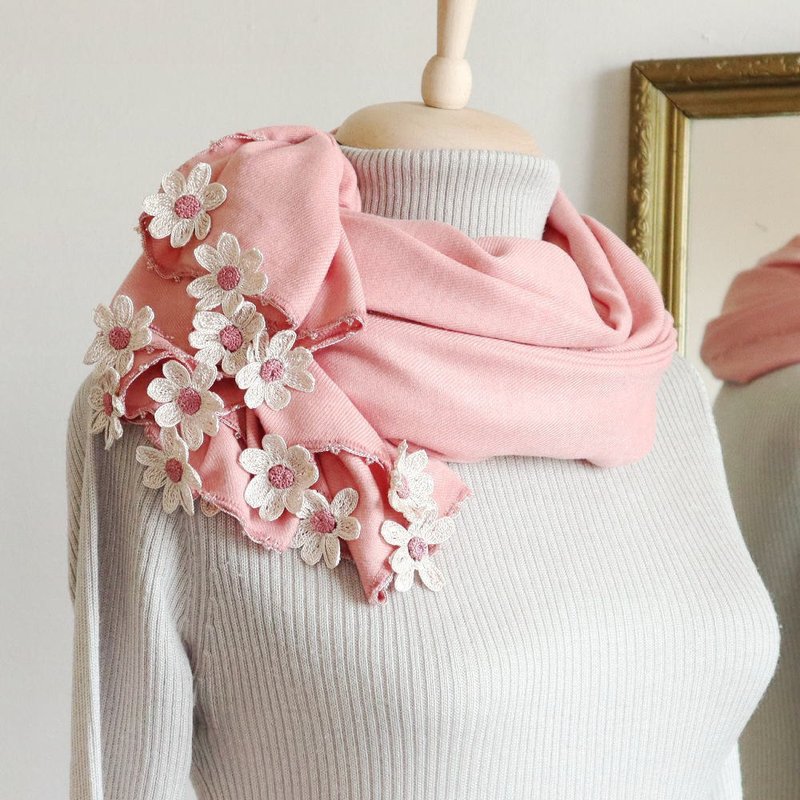 限定1点 レースの花付き パシュミナストール ーデイジー フレンチローズ - 絲巾 - 羊毛 粉紅色
