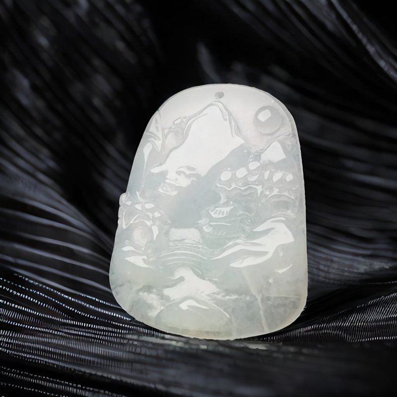 冰糯飄花翡翠山水牌 | 天然緬甸玉翡翠A貨|送禮 - 金工/飾品 - 玉石 白色