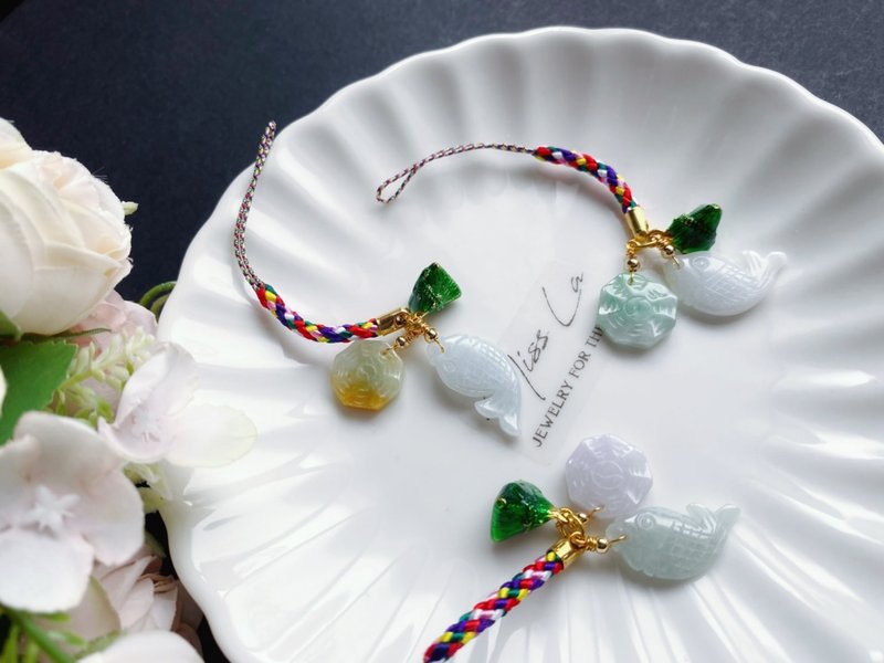 【售出】天然緬甸玉翡翠 魚 端午 八卦 平安開運 祈福好運 五色線 - 手機掛繩/背帶 - 玉石 綠色