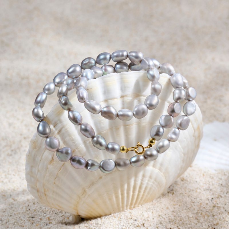 天然灰色巴洛克珍珠項鍊 6-7mm 金色水泡扣 藝術獨特 聖誕節禮物 - 項鍊 - 珍珠 灰色