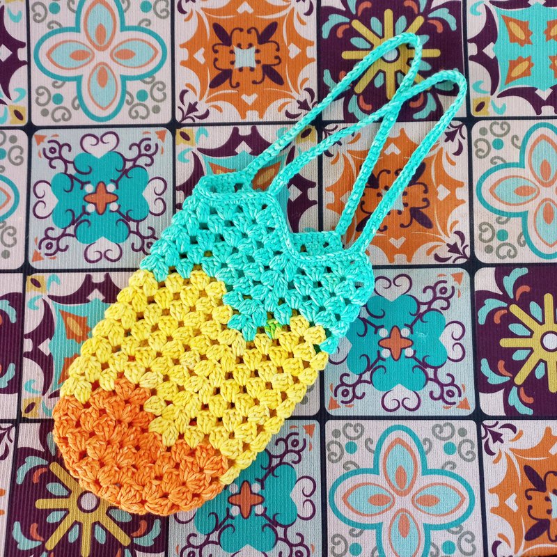 暖彩方底方格編織杯袋 純棉 杯套 飲料袋 杯袋 水壺袋 - 飲料提袋/杯套 - 棉.麻 橘色