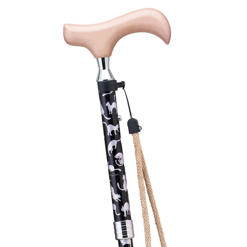 プリティキャッツ 猫柄 折りたたみアルミステッキ・ブラック 75-85cm スリムネック 木製グリップ ストラップ 折りたたみホルダー - 其他 - 鋁合金 黑色