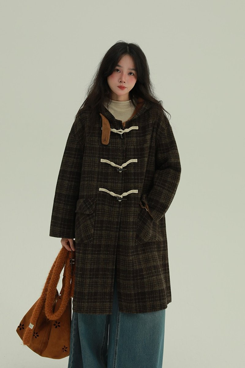 咖啡色 北海道初雪 學院牛角扣格子大衣 復古格子連帽毛料外套 - 女大衣/外套 - 其他人造纖維 咖啡色